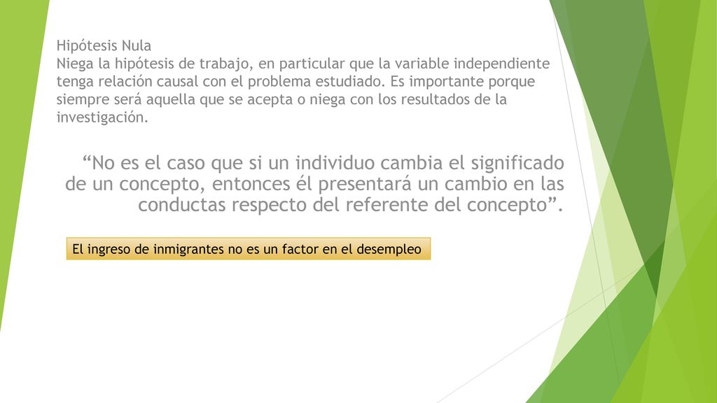 Hipótesis Nula Niega la hipótesis de trabajo, en particular que la variable independiente tenga relación causal con el problema estudiado. Es importante porque siempre será aquella que se acepta o niega con los resultados de la investigación.