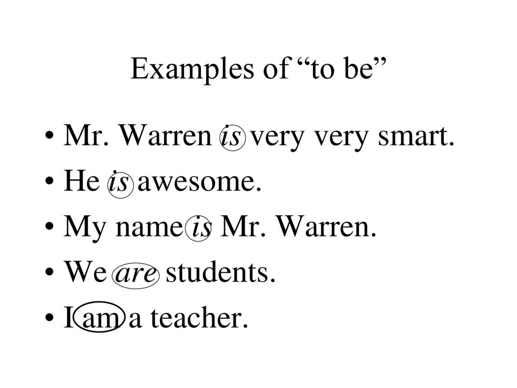 Examples of to be Mr. Warren is very very smart. He is awesome. My name is Mr. Warren. We are students.