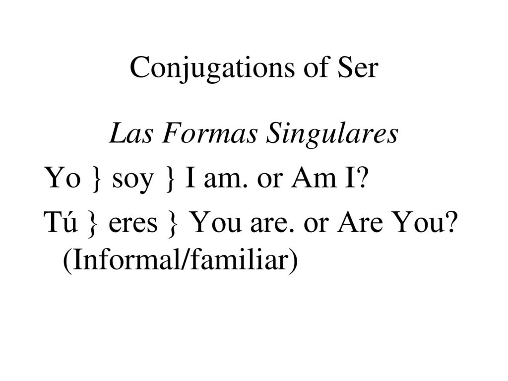 Conjugations of Ser Las Formas Singulares. Yo } soy } I am.