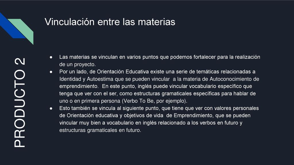 Vinculación entre las materias PRODUCTO 2