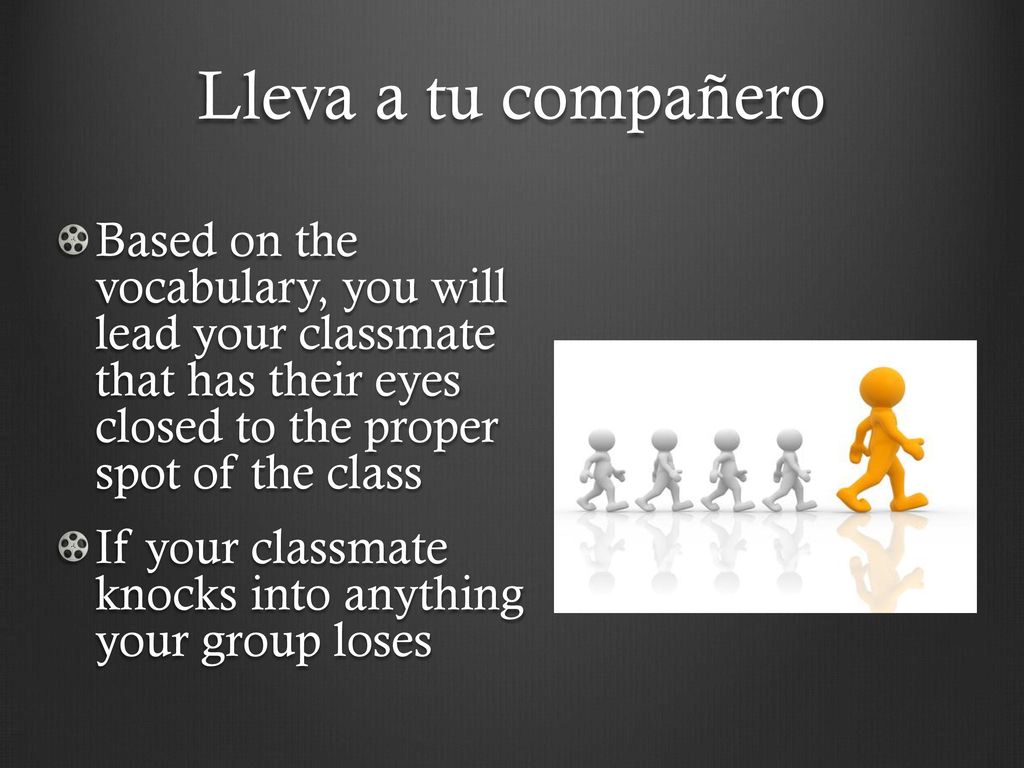 Lleva a tu compañero Based on the vocabulary, you will lead your classmate that has their eyes closed to the proper spot of the class.