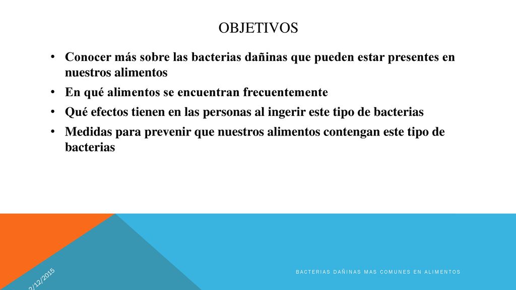 Objetivos Conocer más sobre las bacterias dañinas que pueden estar presentes en nuestros alimentos.