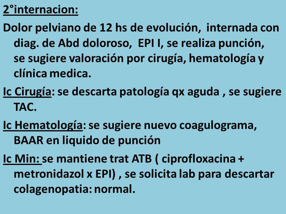2°internacion: Dolor pelviano de 12 hs de evolución, internada con diag.