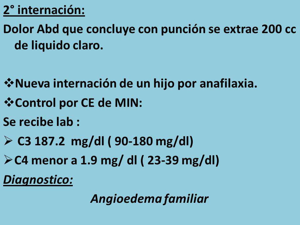 2° internación: Dolor Abd que concluye con punción se extrae 200 cc de liquido claro. Nueva internación de un hijo por anafilaxia.