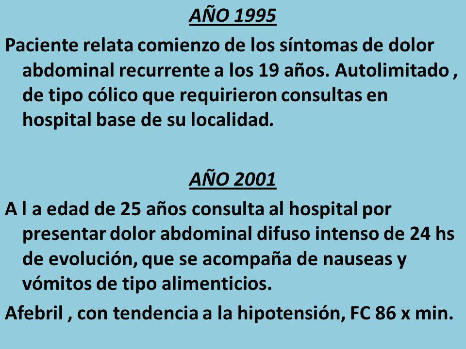 AÑO 1995 Paciente relata comienzo de los síntomas de dolor abdominal recurrente a los 19 años.