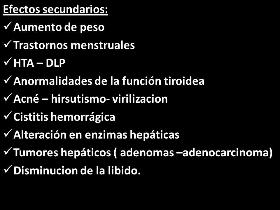 Efectos secundarios: Aumento de peso. Trastornos menstruales. HTA – DLP. Anormalidades de la función tiroidea.