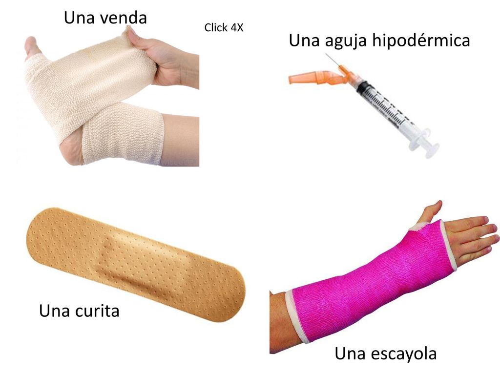 Una venda Click 4X Una aguja hipodérmica Una curita Una escayola