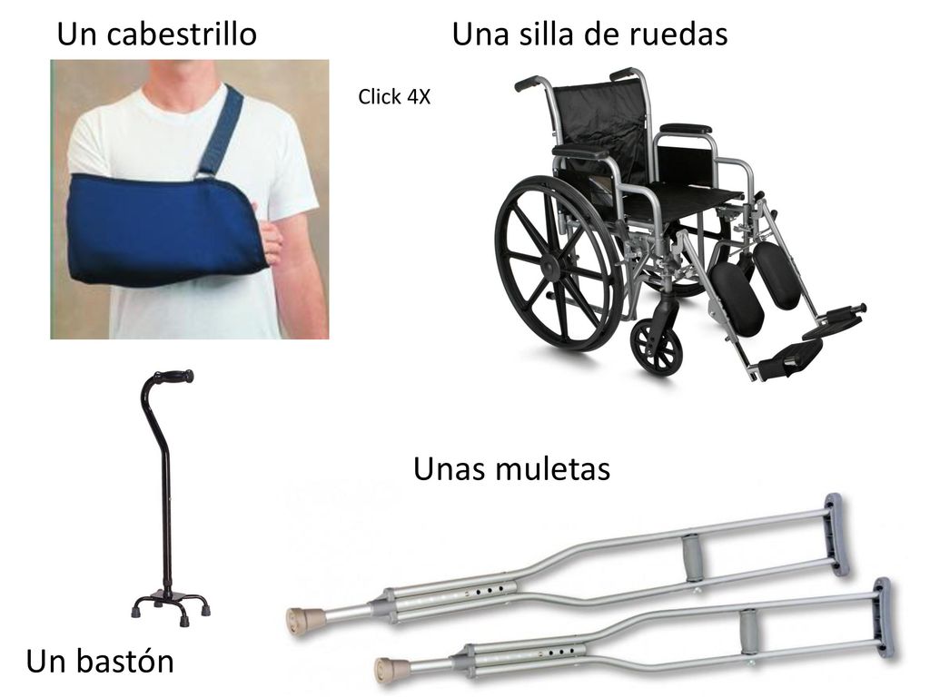 Un cabestrillo Una silla de ruedas Click 4X Unas muletas Un bastón
