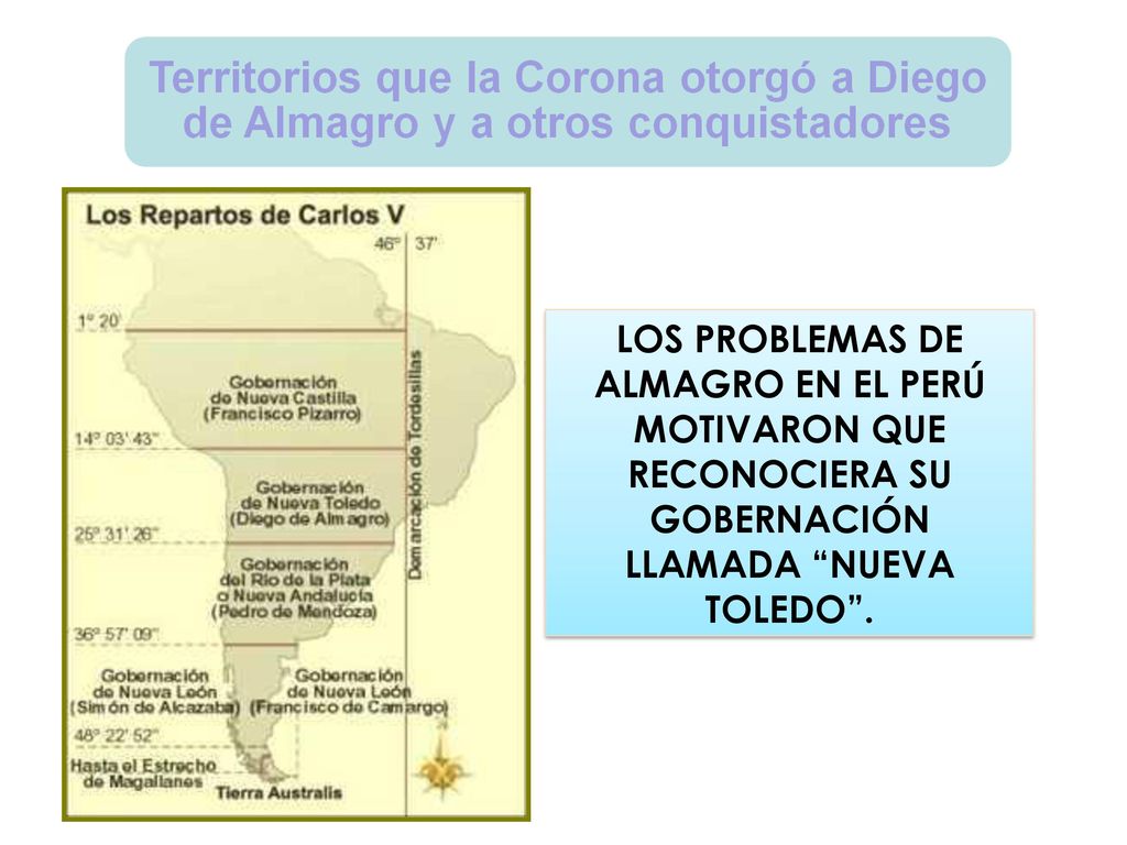 LOS PROBLEMAS DE ALMAGRO EN EL PERÚ MOTIVARON QUE RECONOCIERA SU GOBERNACIÓN LLAMADA NUEVA TOLEDO .