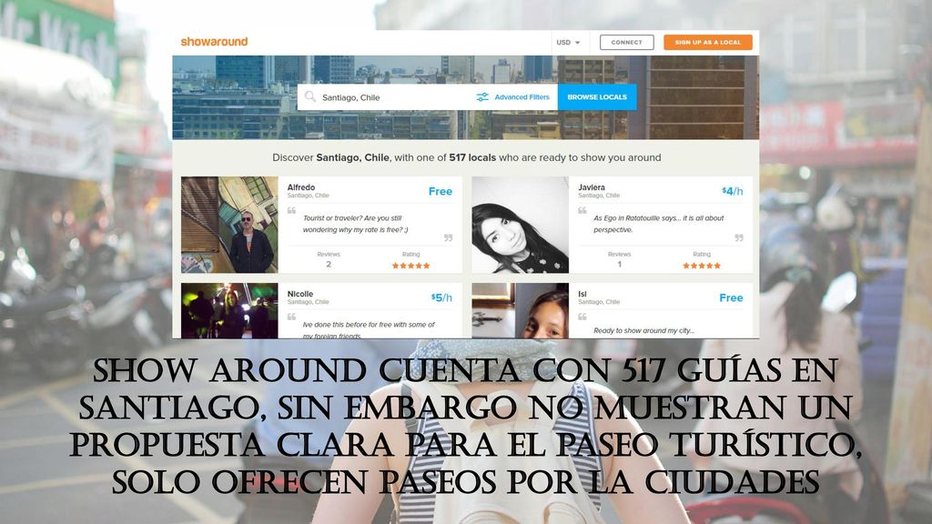 Show around cuenta con 517 guías en Santiago, sin embargo no muestran un propuesta clara para el paseo turístico, solo ofrecen paseos por la ciudades