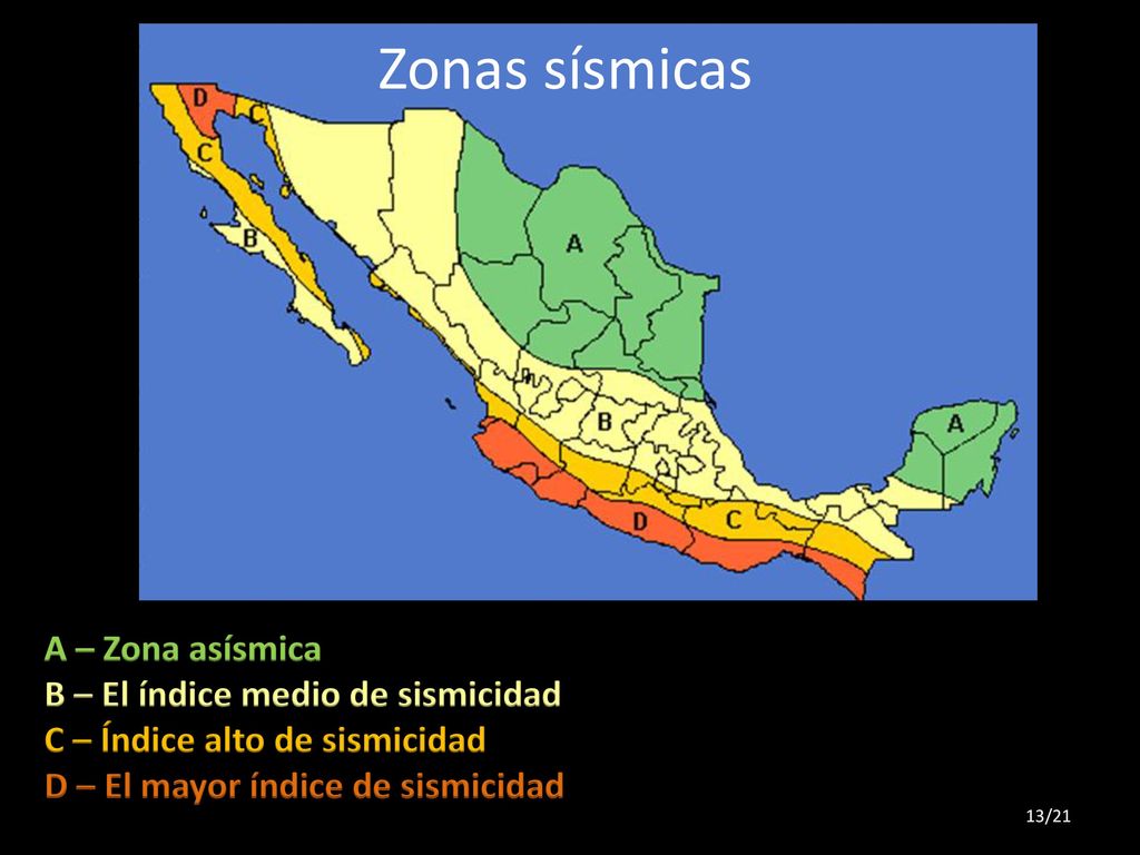 Zonas sísmicas A – Zona asísmica B – El índice medio de sismicidad