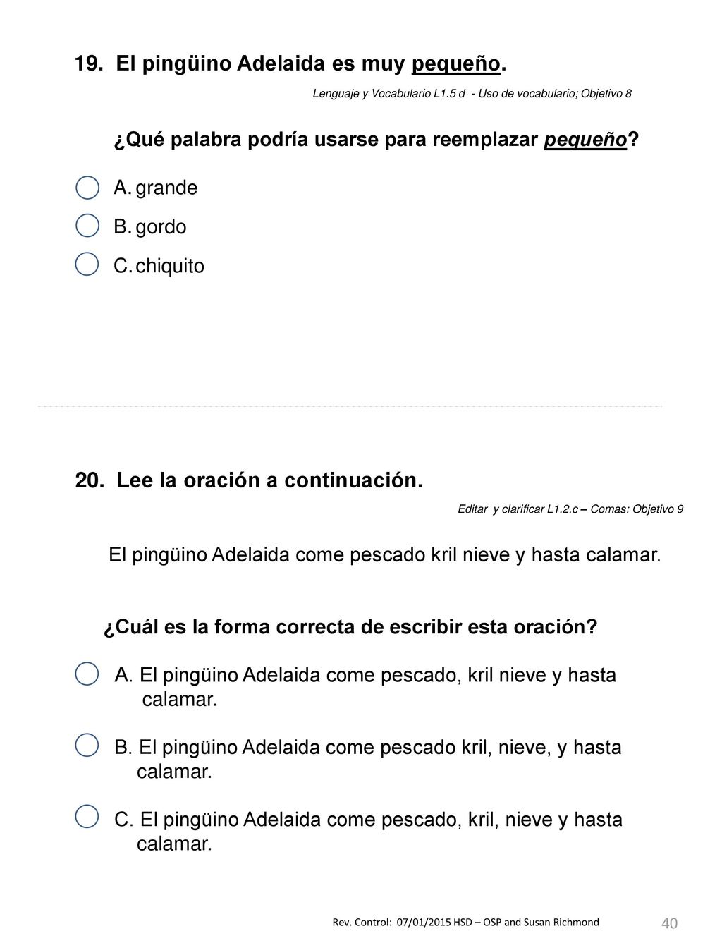 Lenguaje y Vocabulario L1.5 d - Uso de vocabulario; Objetivo 8