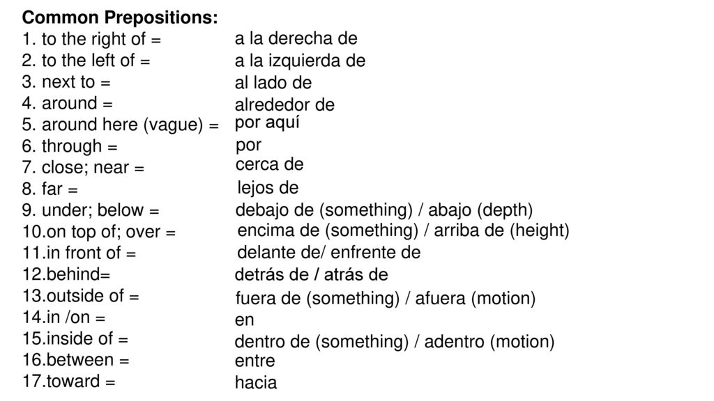 Common Prepositions: to the right of = to the left of = next to = around = around here (vague) =