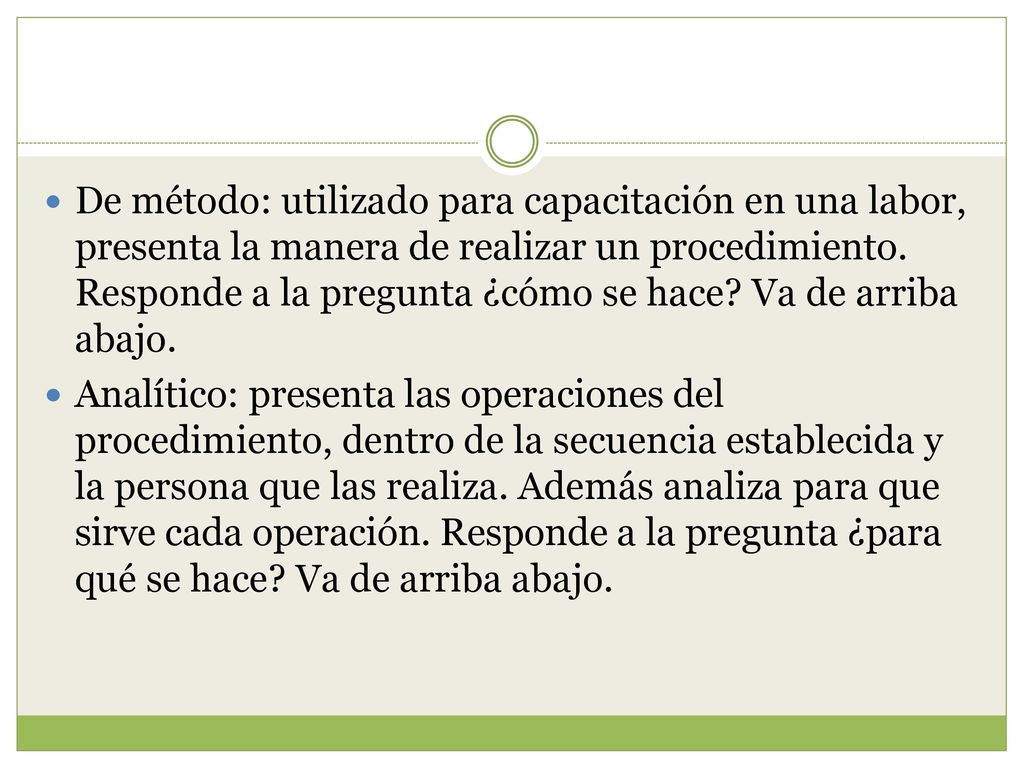 De método: utilizado para capacitación en una labor, presenta la manera de realizar un procedimiento. Responde a la pregunta ¿cómo se hace Va de arriba abajo.