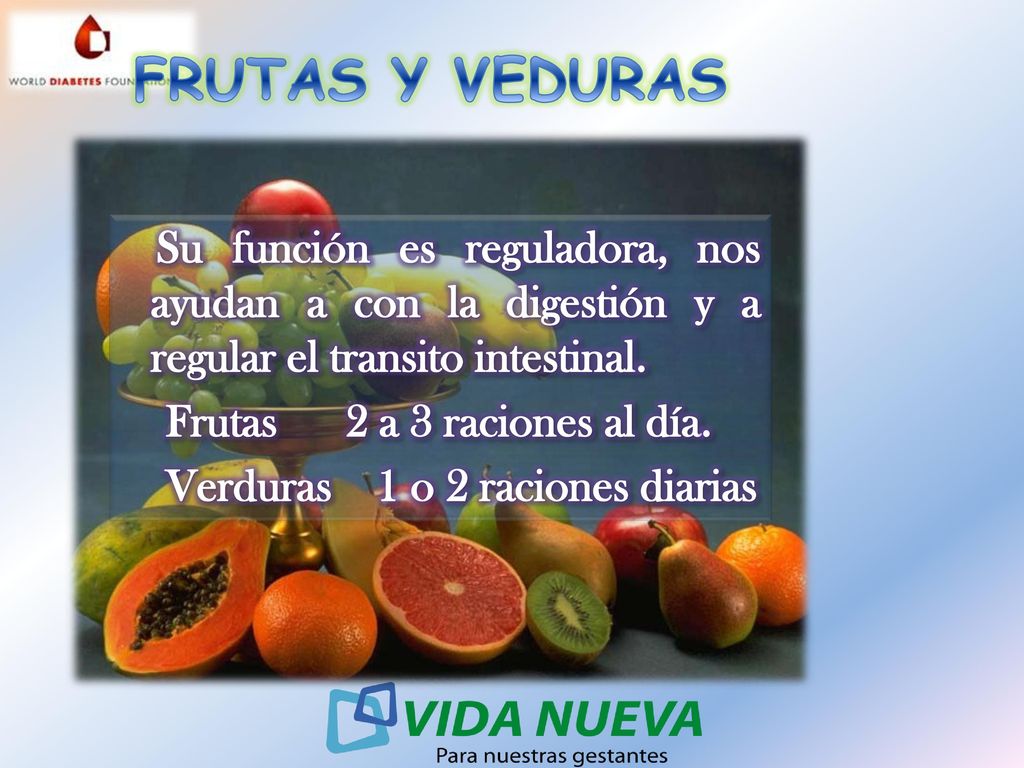 FRUTAS Y VEDURAS Su función es reguladora, nos ayudan a con la digestión y a regular el transito intestinal.