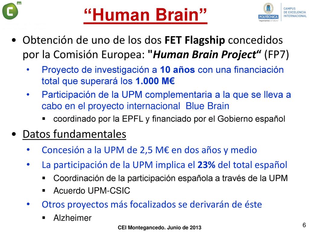 Human Brain Obtención de uno de los dos FET Flagship concedidos por la Comisión Europea: Human Brain Project (FP7)