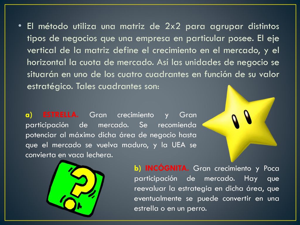 El método utiliza una matriz de 2x2 para agrupar distintos tipos de negocios que una empresa en particular posee. El eje vertical de la matriz define el crecimiento en el mercado, y el horizontal la cuota de mercado. Así las unidades de negocio se situarán en uno de los cuatro cuadrantes en función de su valor estratégico. Tales cuadrantes son: