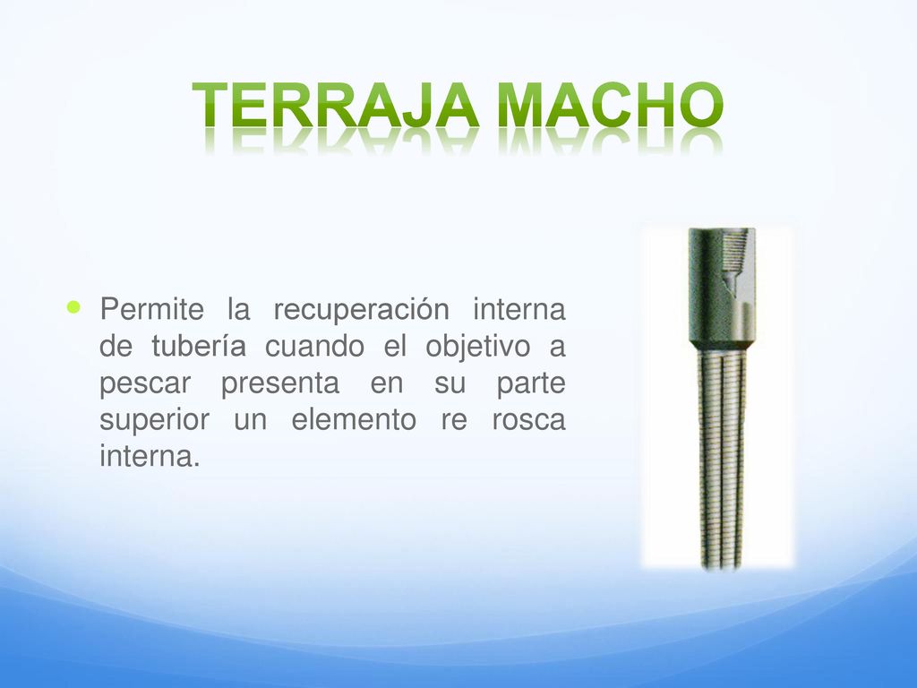 Terraja macho Permite la recuperación interna de tubería cuando el objetivo a pescar presenta en su parte superior un elemento re rosca interna.