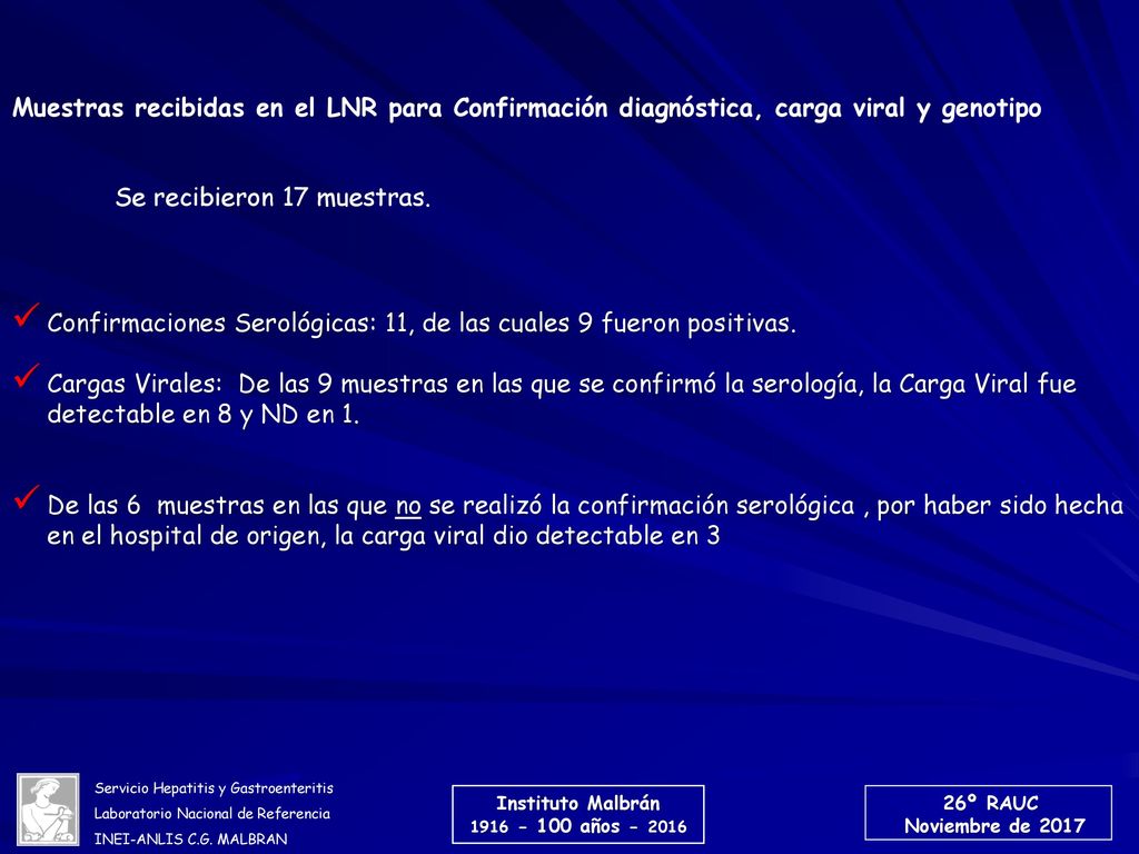 Muestras recibidas en el LNR para Confirmación diagnóstica, carga viral y genotipo