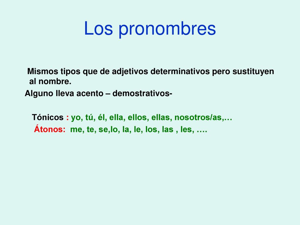 Los pronombres Mismos tipos que de adjetivos determinativos pero sustituyen al nombre. Alguno lleva acento – demostrativos-