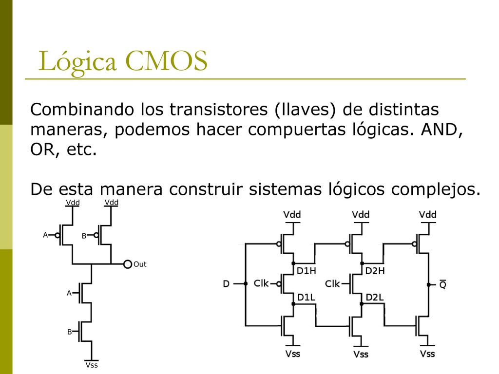 Lógica CMOS Combinando los transistores (llaves) de distintas maneras, podemos hacer compuertas lógicas. AND, OR, etc.