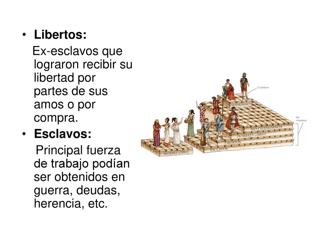 Libertos: Ex-esclavos que lograron recibir su libertad por partes de sus amos o por compra. Esclavos: