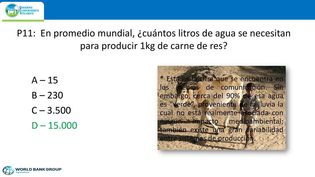 P11: En promedio mundial, ¿cuántos litros de agua se necesitan para producir 1kg de carne de res