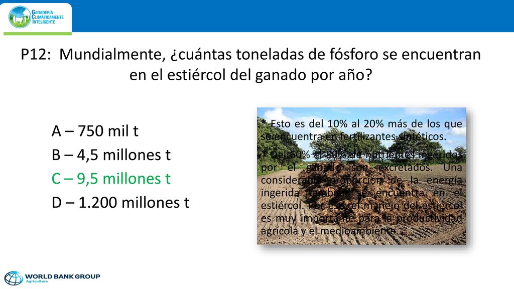 P12: Mundialmente, ¿cuántas toneladas de fósforo se encuentran en el estiércol del ganado por año