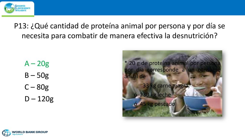 P13: ¿Qué cantidad de proteína animal por persona y por día se necesita para combatir de manera efectiva la desnutrición