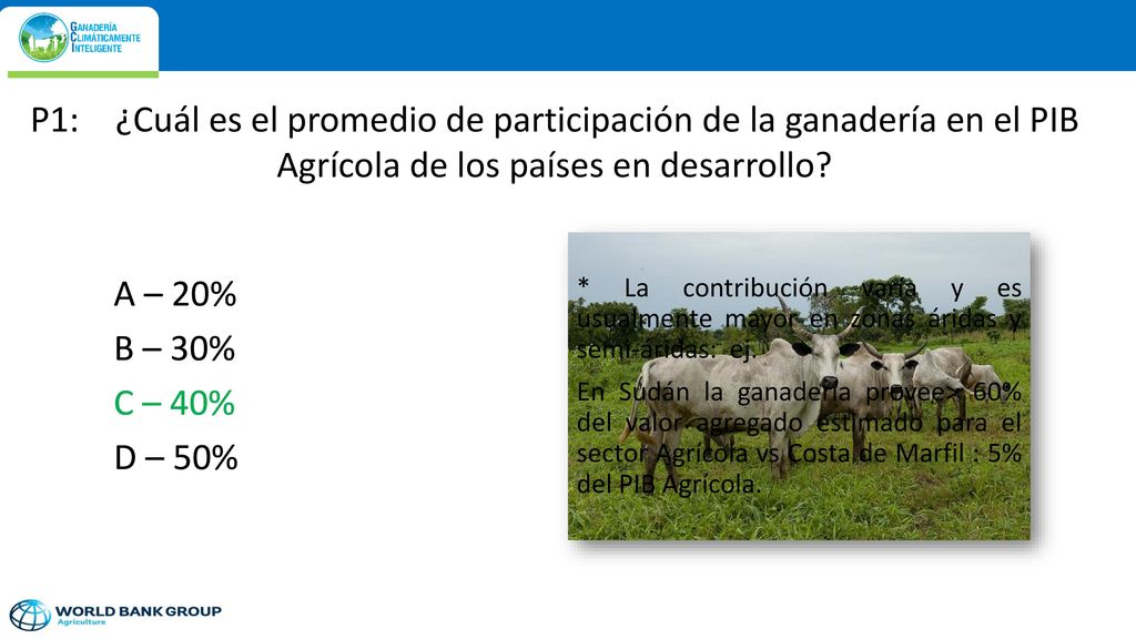 P1: ¿Cuál es el promedio de participación de la ganadería en el PIB Agrícola de los países en desarrollo