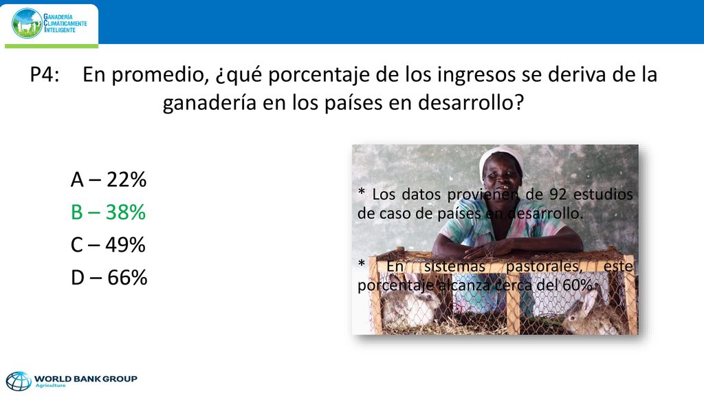 P4: En promedio, ¿qué porcentaje de los ingresos se deriva de la ganadería en los países en desarrollo