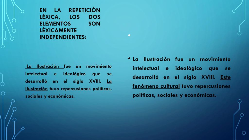 En la repetición léxica, los dos elementos son léxicamente independientes: