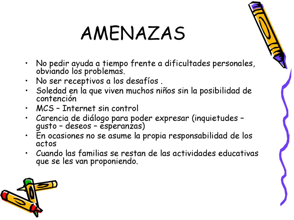 AMENAZAS No pedir ayuda a tiempo frente a dificultades personales, obviando los problemas. No ser receptivos a los desafíos .