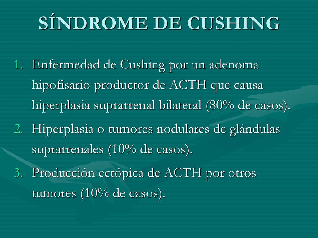 SÍNDROME DE CUSHING Enfermedad de Cushing por un adenoma hipofisario productor de ACTH que causa hiperplasia suprarrenal bilateral (80% de casos).