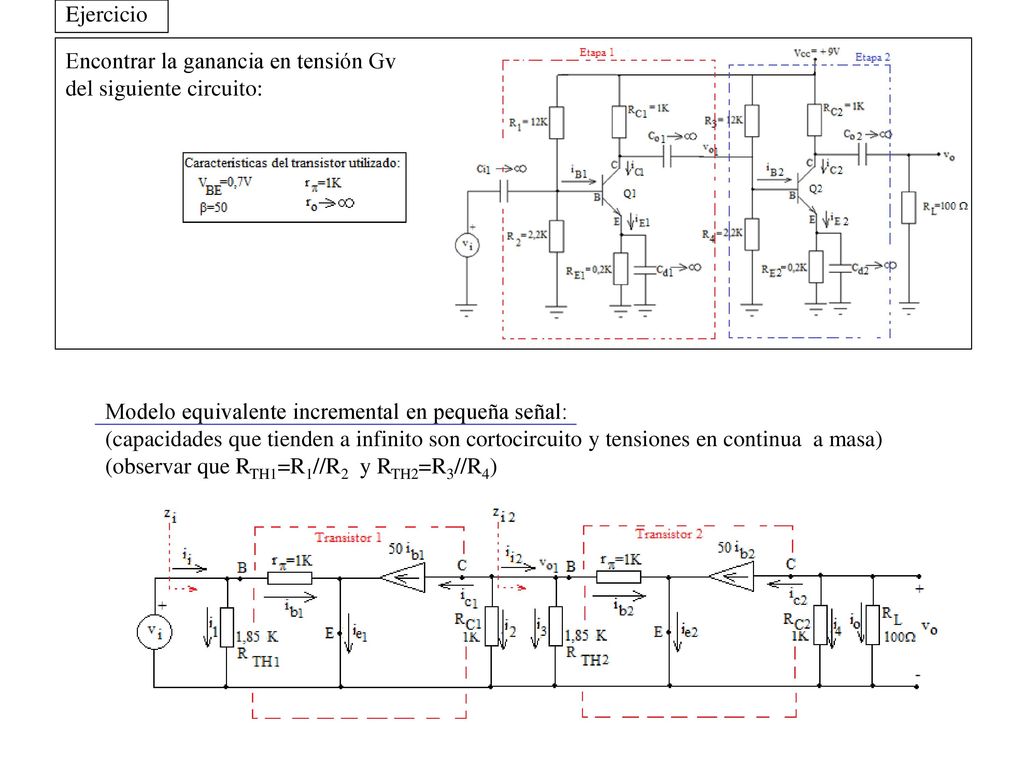 Ejercicio Encontrar la ganancia en tensión Gv. del siguiente circuito: Modelo equivalente incremental en pequeña señal:
