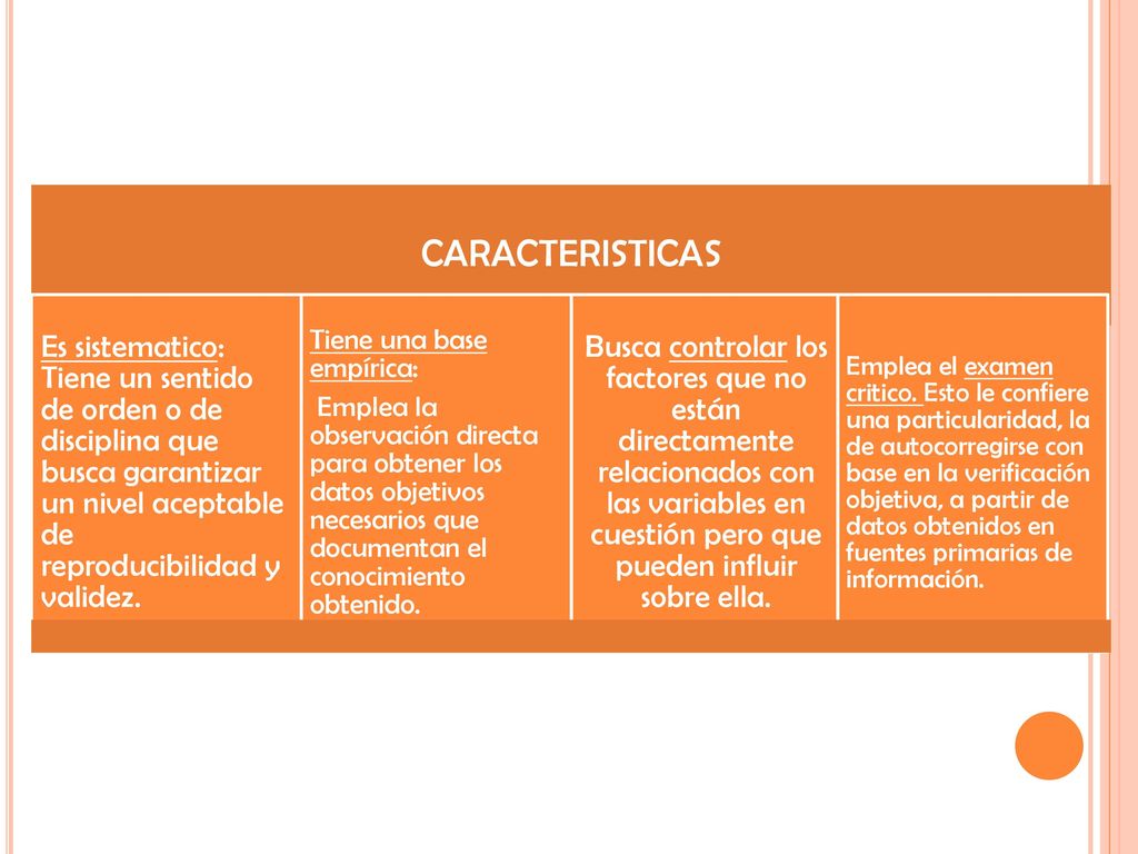 CARACTERISTICAS Es sistematico: Tiene un sentido de orden o de disciplina que busca garantizar un nivel aceptable de reproducibilidad y validez.