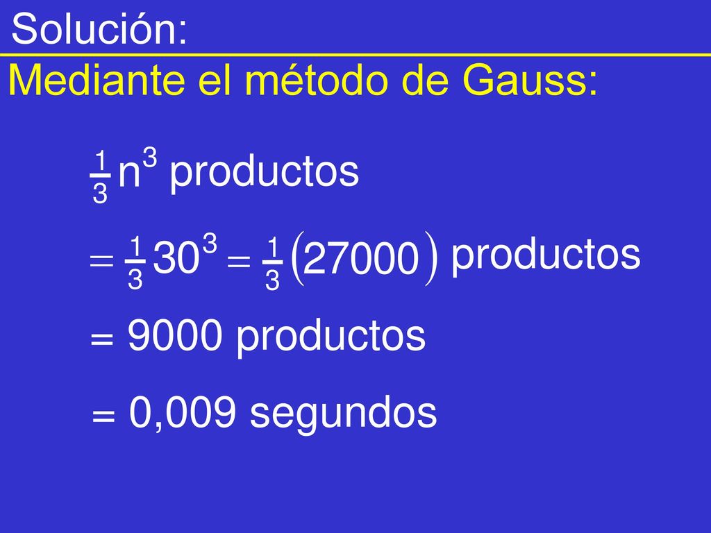 Solución: Mediante el método de Gauss: productos productos = 9000 productos = 0,009 segundos