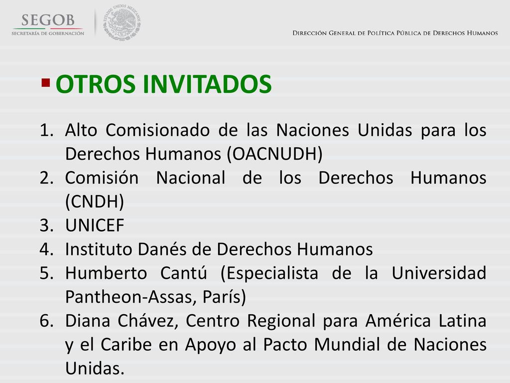 OTROS INVITADOS Alto Comisionado de las Naciones Unidas para los Derechos Humanos (OACNUDH) Comisión Nacional de los Derechos Humanos (CNDH)