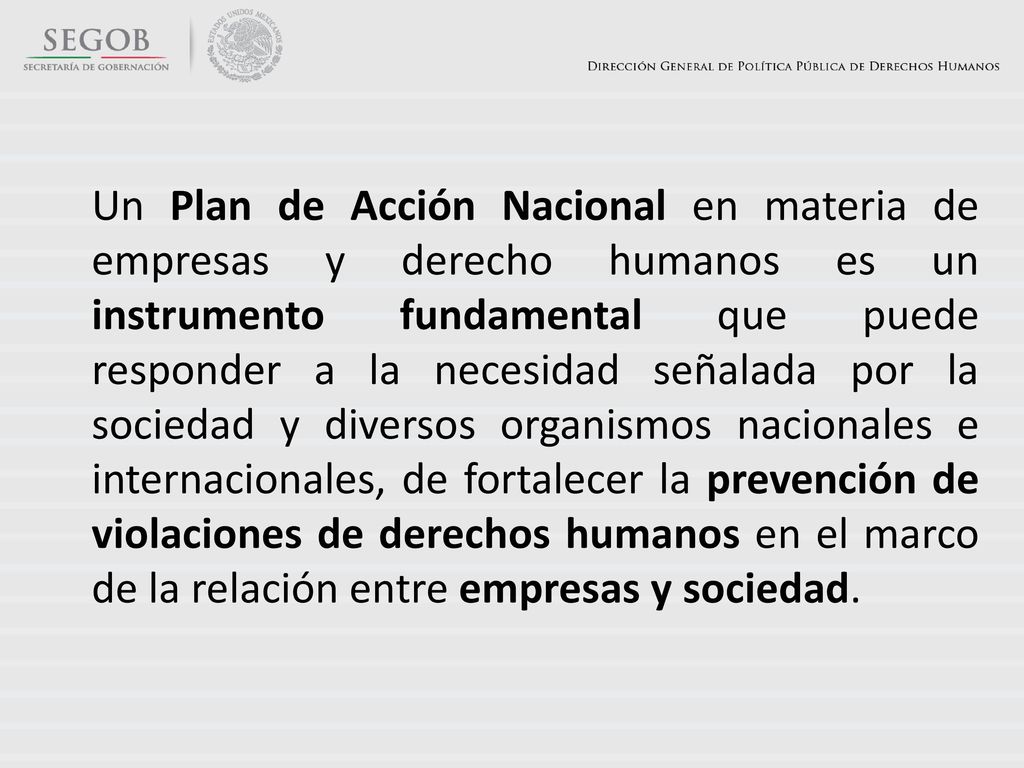 Un Plan de Acción Nacional en materia de empresas y derecho humanos es un instrumento fundamental que puede responder a la necesidad señalada por la sociedad y diversos organismos nacionales e internacionales, de fortalecer la prevención de violaciones de derechos humanos en el marco de la relación entre empresas y sociedad.