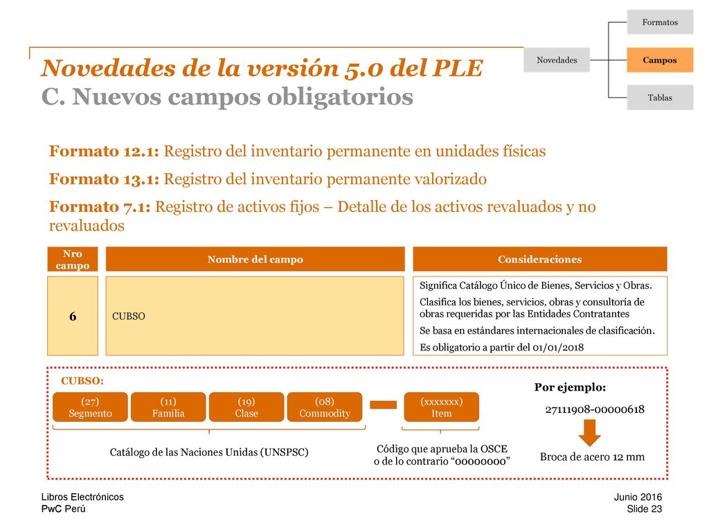 Novedades de la versión 5.0 del PLE C. Nuevos campos obligatorios