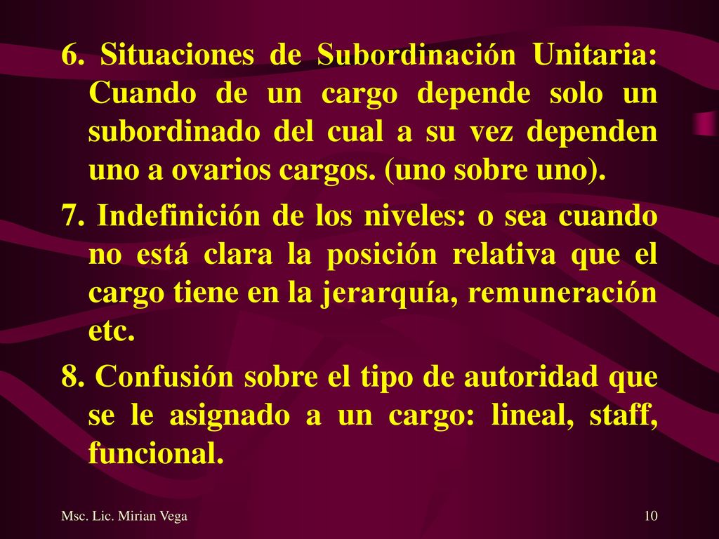 6. Situaciones de Subordinación Unitaria: Cuando de un cargo depende solo un subordinado del cual a su vez dependen uno a ovarios cargos. (uno sobre uno).
