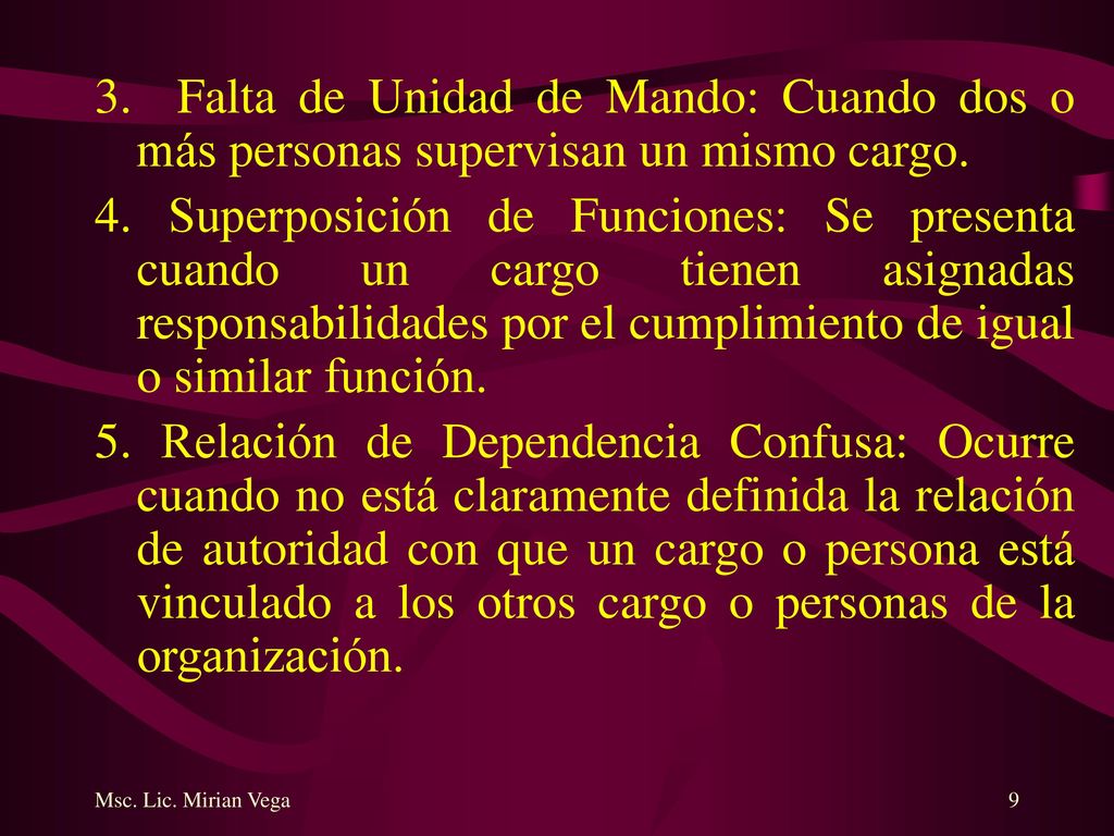 3. Falta de Unidad de Mando: Cuando dos o más personas supervisan un mismo cargo.