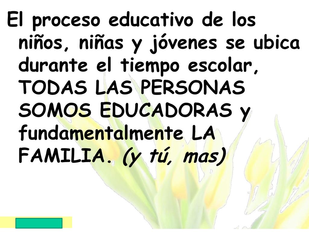 El proceso educativo de los niños, niñas y jóvenes se ubica durante el tiempo escolar, TODAS LAS PERSONAS SOMOS EDUCADORAS y fundamentalmente LA FAMILIA.