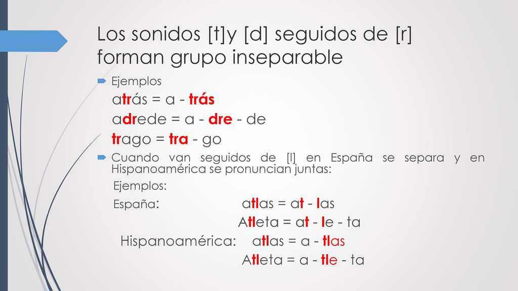 Los sonidos [t]y [d] seguidos de [r] forman grupo inseparable