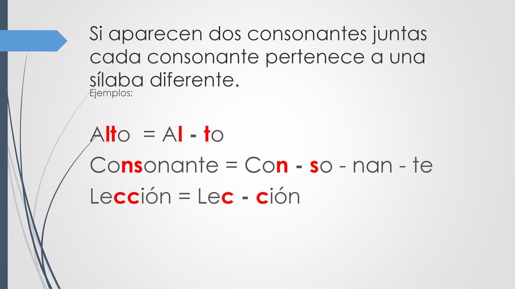 Consonante = Con - so - nan - te Lección = Lec - ción