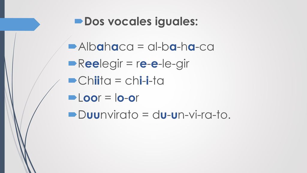 Dos vocales iguales: Albahaca = al-ba-ha-ca. Reelegir = re-e-le-gir. Chiita = chi-i-ta. Loor = lo-or.