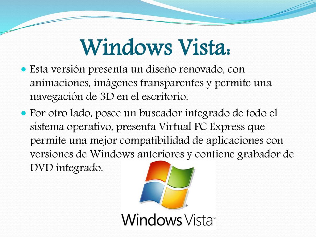 Windows Vista: Esta versión presenta un diseño renovado, con animaciones, imágenes transparentes y permite una navegación de 3D en el escritorio.
