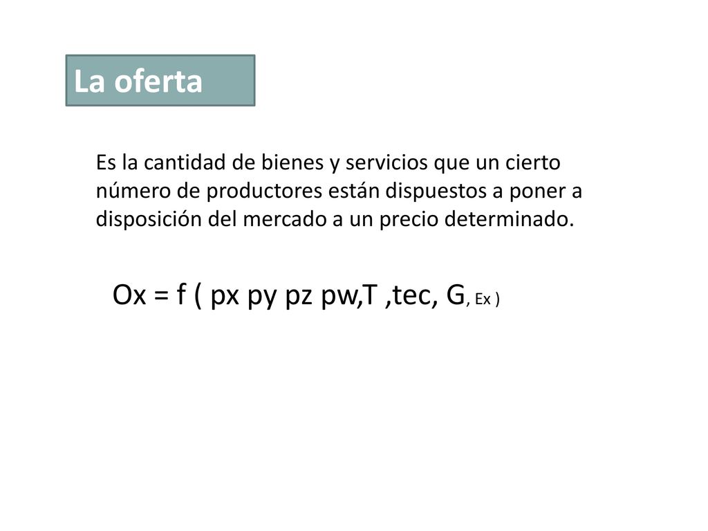 La oferta Ox = f ( px py pz pw,T ,tec, G, Ex )
