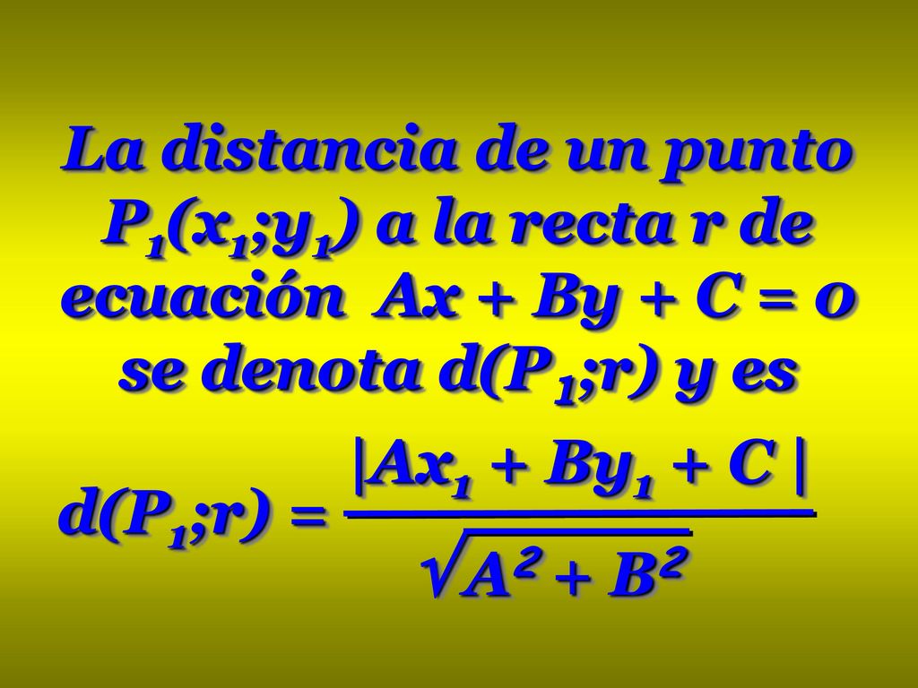 La distancia de un punto P1(x1;y1) a la recta r de ecuación Ax + By + C = 0 se denota d(P1;r) y es