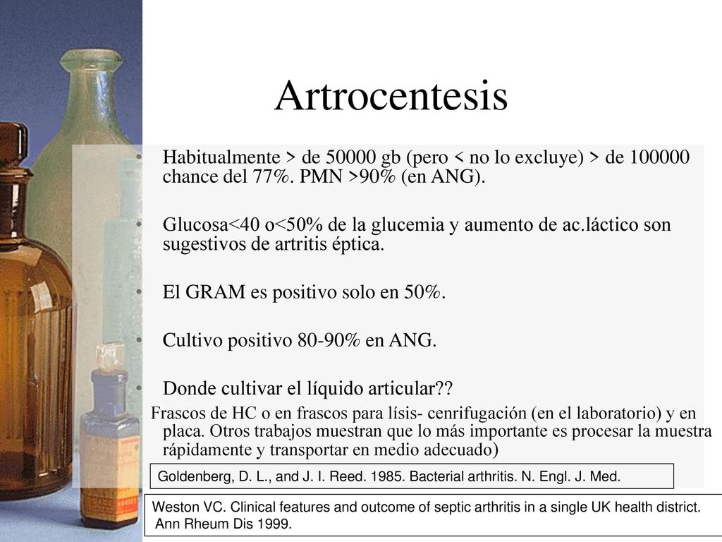 Artrocentesis Habitualmente > de gb (pero < no lo excluye) > de chance del 77%. PMN >90% (en ANG).